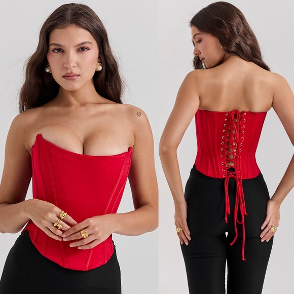 House Of CB 'Genevieve' Scarlet Satin Lace Back Corset - Picture 2 of 5